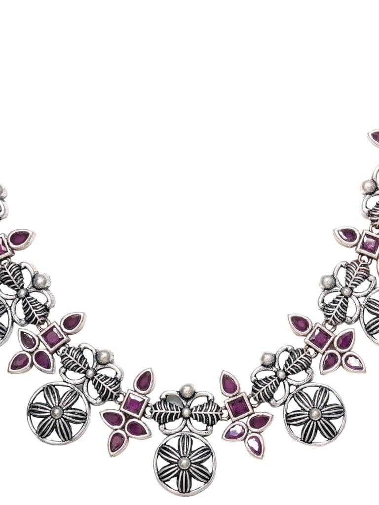 Silver Oxidised Maroon Stone Studded Tribal Necklace Jewellery Set view 6