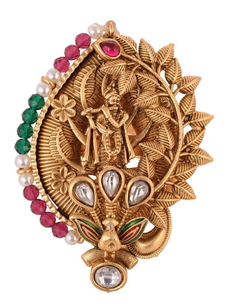Gold Plated Red Kemp studded enchanting Krishna adjustable Finger ring view 2