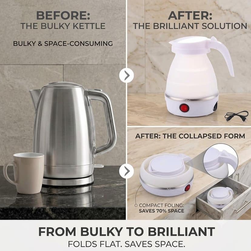 Collapsible Silicone Electric Kettle 600ml - Portable Folding Water Kettle with Power Cord for Travel, Home & Office Use (White) view 2