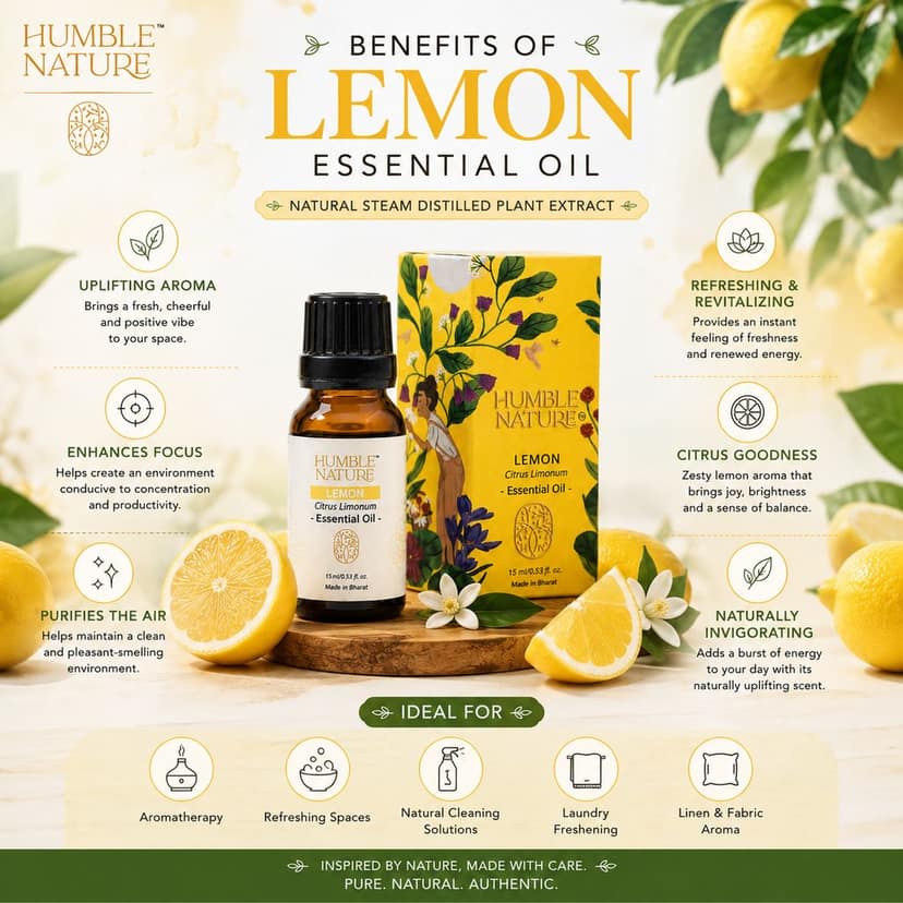 Humble Nature Lemon Essential Oil – Natural Steam Distilled Citrus Limonum Essential Oil | Premium Aromatherapy, Diffuser, Massage, DIY Skincare, Hair Care & Home Fragrance | 15 ml view 3