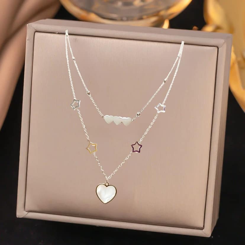 Jewelryklub Double Layer Heart Shaped Pendant Love Hollow Star Silver Plated Stainless Steel Necklace Chain For Girls Women Ladies Girlfriend Wife Western Valentine Gifts Birthday Lovers view 3