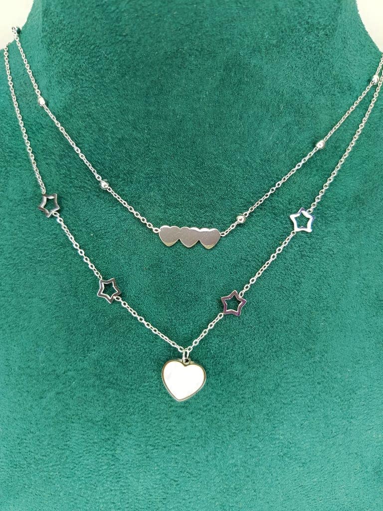 Jewelryklub Double Layer Heart Shaped Pendant Love Hollow Star Silver Plated Stainless Steel Necklace Chain For Girls Women Ladies Girlfriend Wife Western Valentine Gifts Birthday Lovers view 6