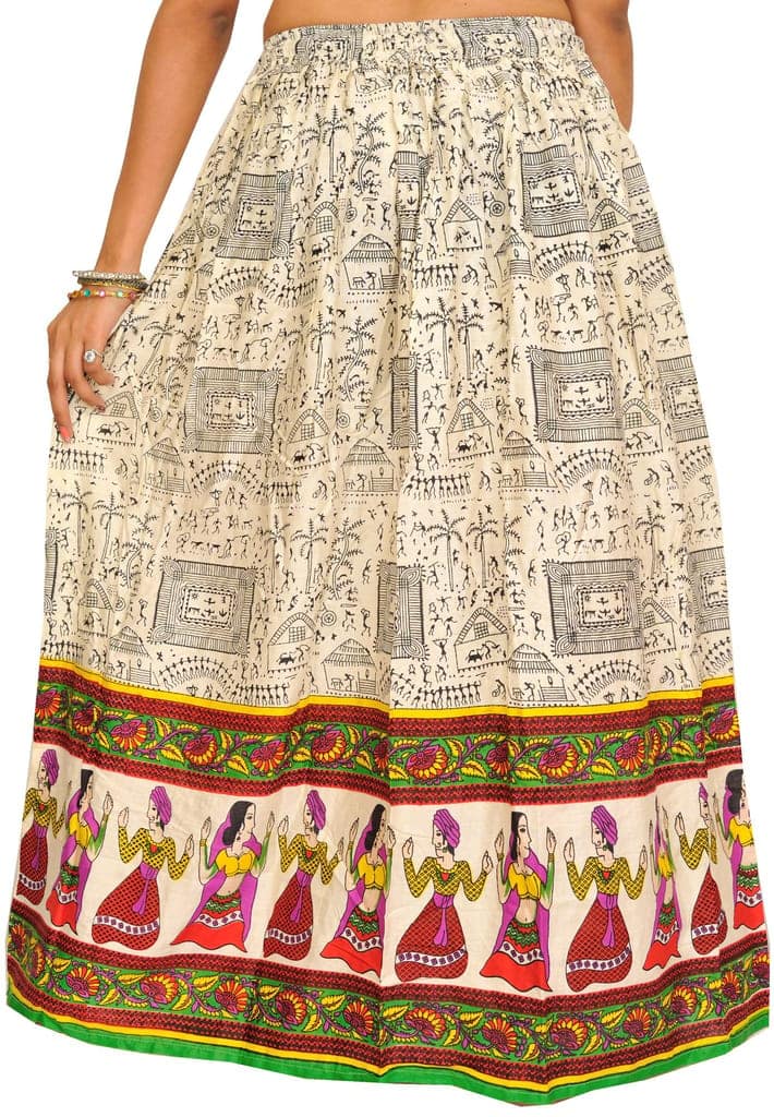 Vibrant-Green Off-White Warli Folk Printed Long Skirt with Dancing Couples view 3