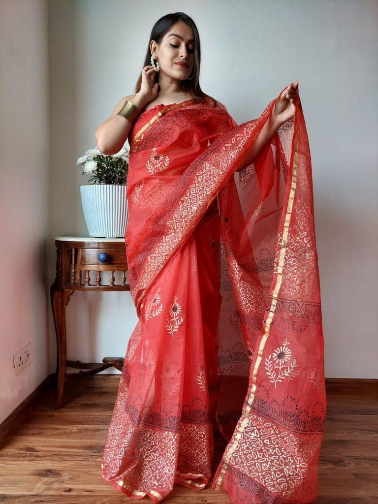 Hand Painted Organza Saree Red Colour with touch of gold print in vibrant Indian colours and matching running Blouse-3249
