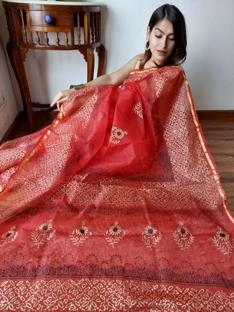 Hand Painted Organza Saree Red Colour with touch of gold print in vibrant Indian colours and matching running Blouse-3249 view 2