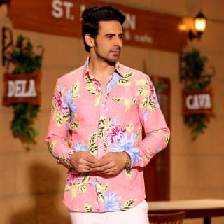 Hibiscus Flower Salmon Pink Casual Full Shirt (Size - M) by BLUE EAGLE