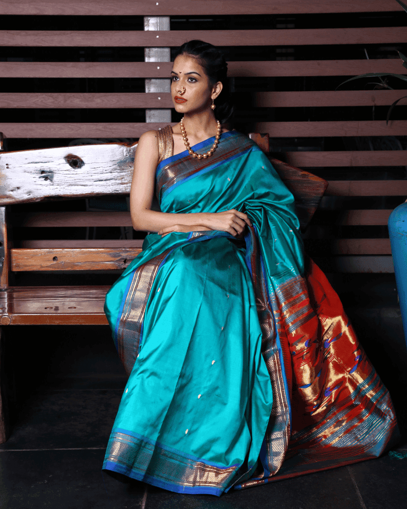 Authentic High Quality Pure Silk Paithani With Most Traditional Double Pallu~ Squalene Blue view 2