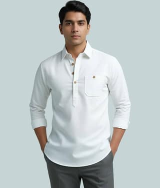 Yugnik Cotton Blend Plain Shirt Style Kurta For Men ( White )