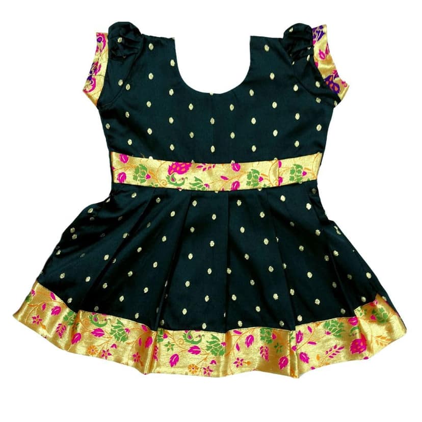luster Black Frock with Kite Embroidery for Makara Sankranti (Age 3M to 5Y) (Raw Silk & Brokat, 4-5 Years)