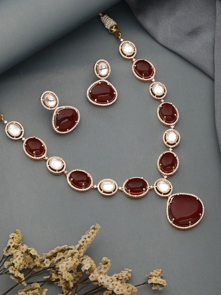 Gold Plated Ruby Red Original Kundan Studded Luxe Bridal Jewellery Set view 2