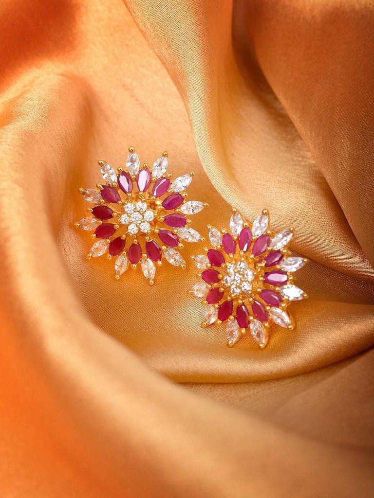 Gold Plated ornate Floral studs Red & White AD encrusted Earrings view 2