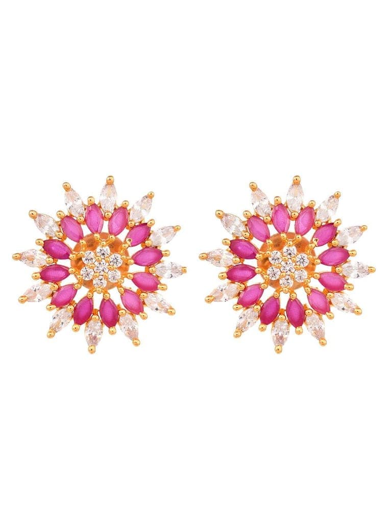 Gold Plated ornate Floral studs Red & White AD encrusted Earrings view 3