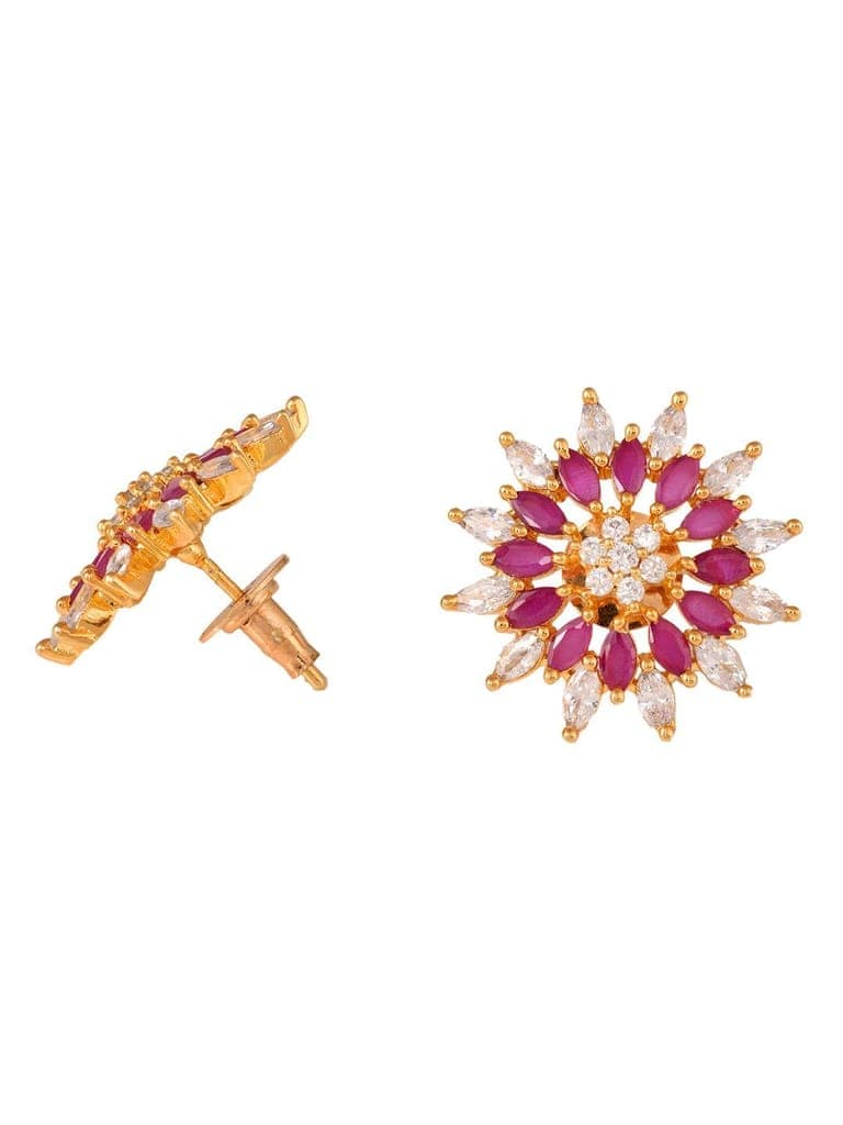 Gold Plated ornate Floral studs Red & White AD encrusted Earrings view 4