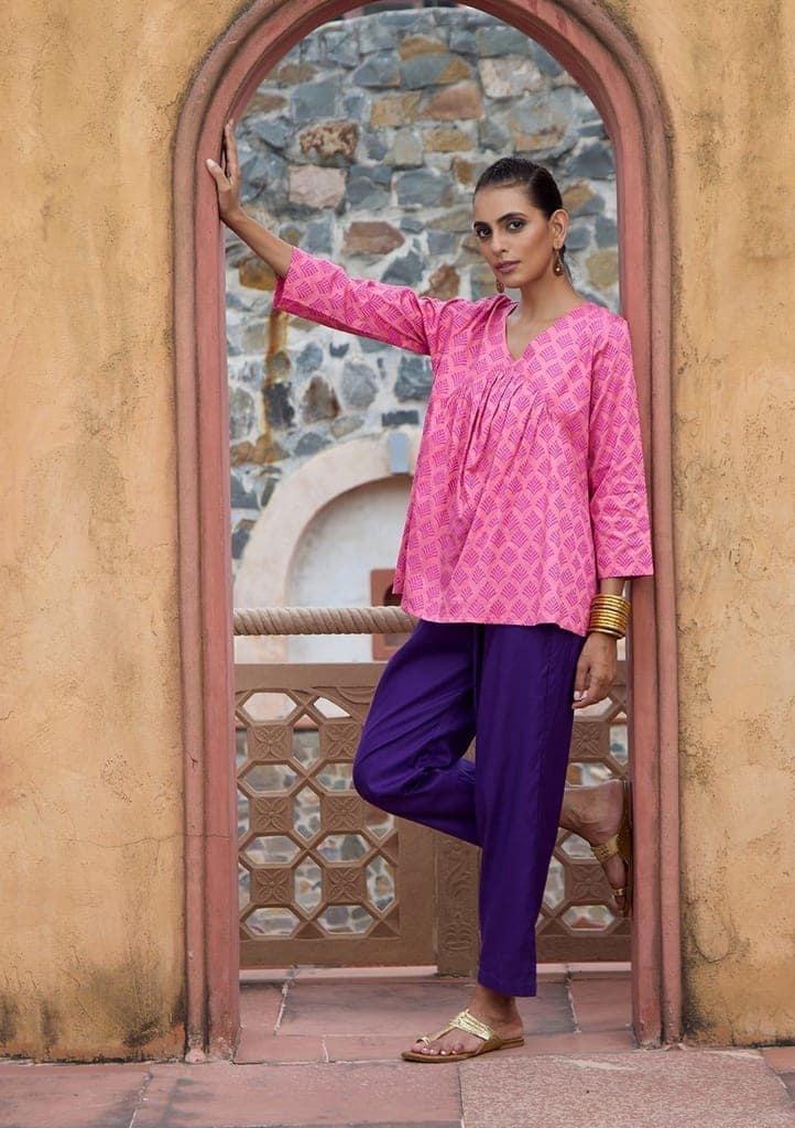 HOC Crafts Glazed Cotton Hand Block Printed Women's Short Kurta - Pink view 4