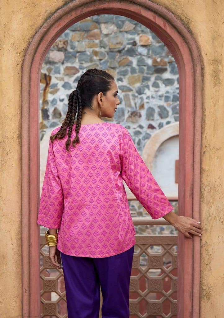 HOC Crafts Glazed Cotton Hand Block Printed Women's Short Kurta - Pink view 7