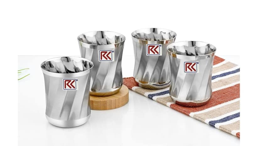 RK Stainless Steel DUMROO SALAI 7 Drinking Glasses | 300 ml Unbreakable Glass Set with Glossy Finish Design & Dishwasher Safe, Set of 4
