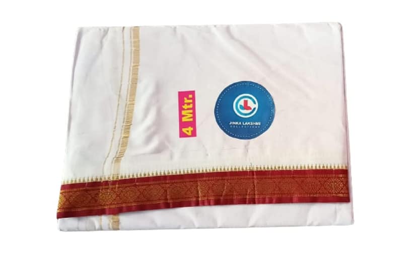Jinka Lakshmi Collections Combo 100% Handloom Pure Cotton Dhoti For Men 4 Meters Unstitched Pack of 2 (Maroon) view 4
