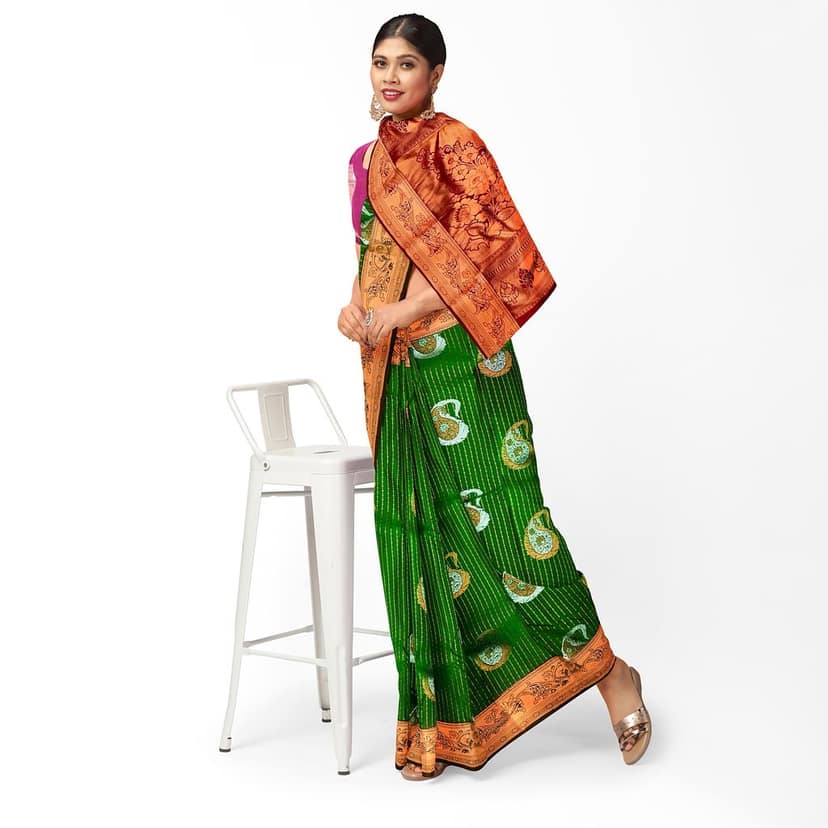 Dark Green Color Meena Work Mango Butta Saree with Unstitched Blouse view 2