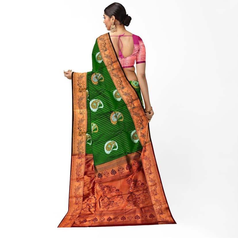 Dark Green Color Meena Work Mango Butta Saree with Unstitched Blouse view 3
