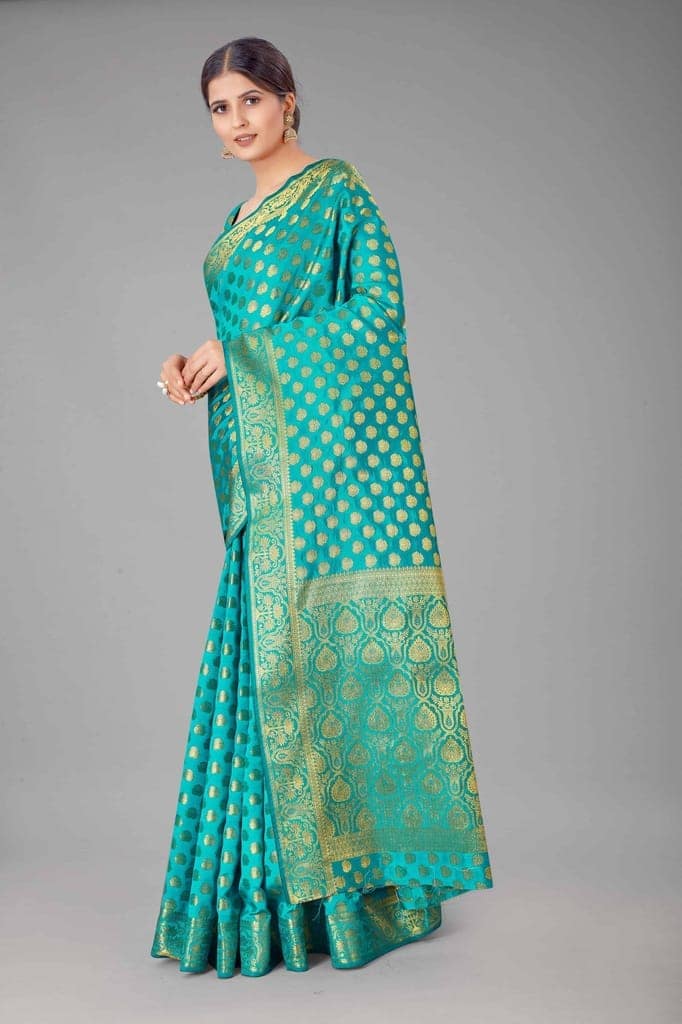 Women's Banarasi Silk Golden Zari Touch Woven Rama Saree view 2
