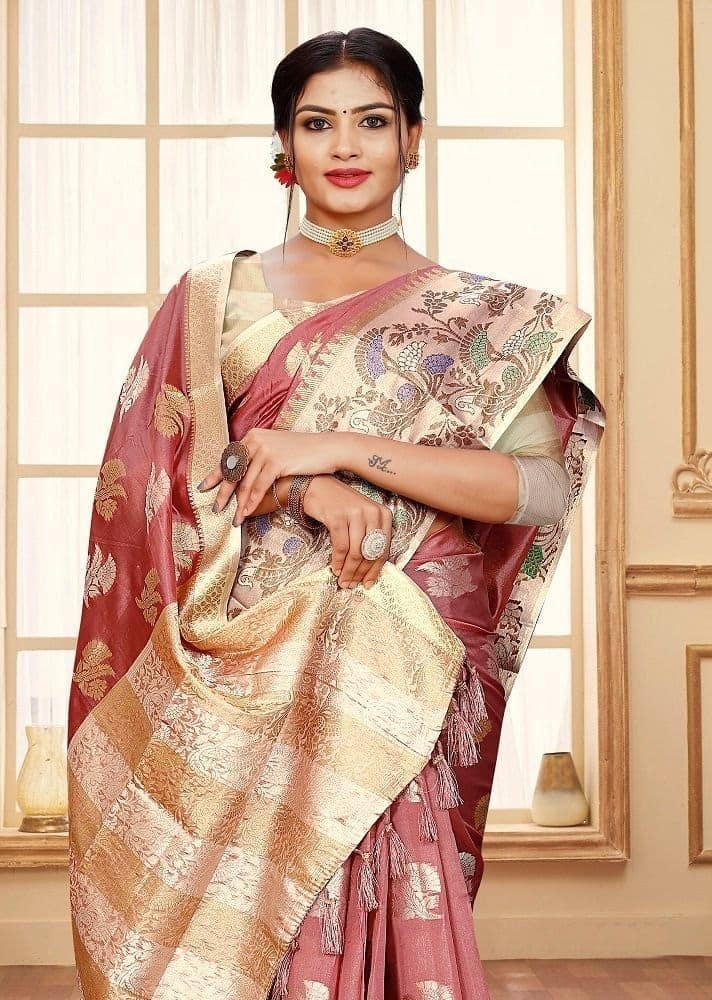 Woven Art Silk Saree in Old Rose view 2