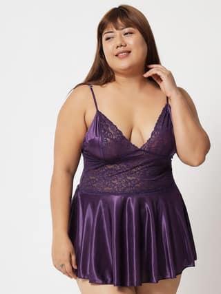 Plus Size Sexy Satin and Lace Honeymoon Babydoll Bikini Dress 07P S-10XL