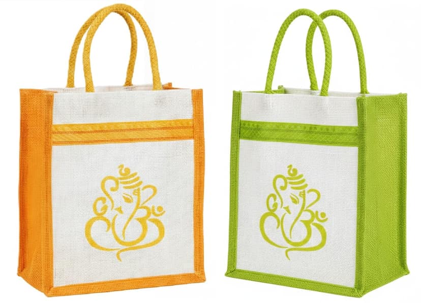 SS Eco-Life Big Size Printed Jute Return Gift Bags 12x10x4 Inch | Ganesha Design Wedding & Function Gift Bags | Pack of 10