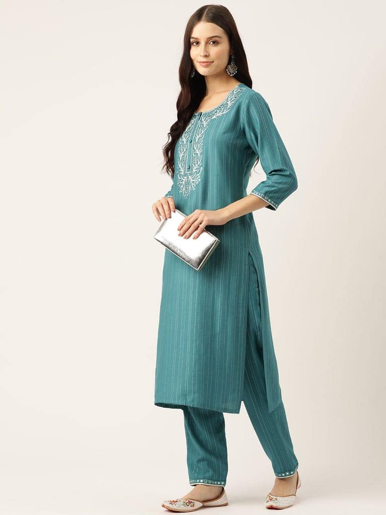 Floral Embroidered Regular Mirror Work Kurta with Trousers view 6