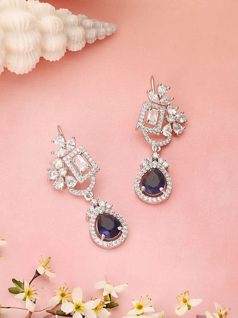 Silver Toned Blue AD Studded Luxe Quirky Drop Earrings view 2