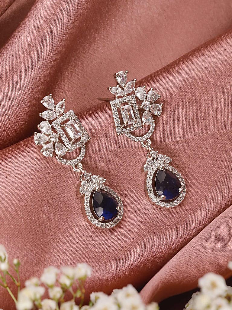 Silver Toned Blue AD Studded Luxe Quirky Drop Earrings view 5