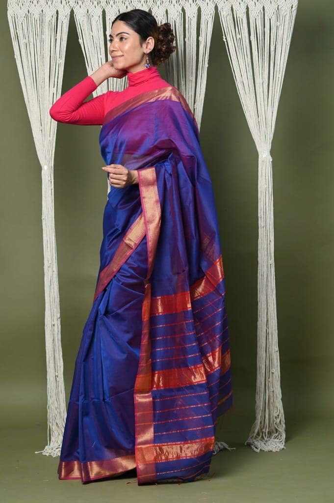 Handloom Cotton Silk Saree With Sleek Golden Border ~ Purple view 2