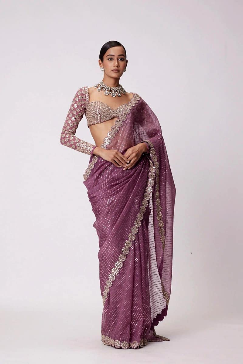 Purple Georgette Saree with Mirror Work (Color - Purple) by SHIV TEXTILES view 2