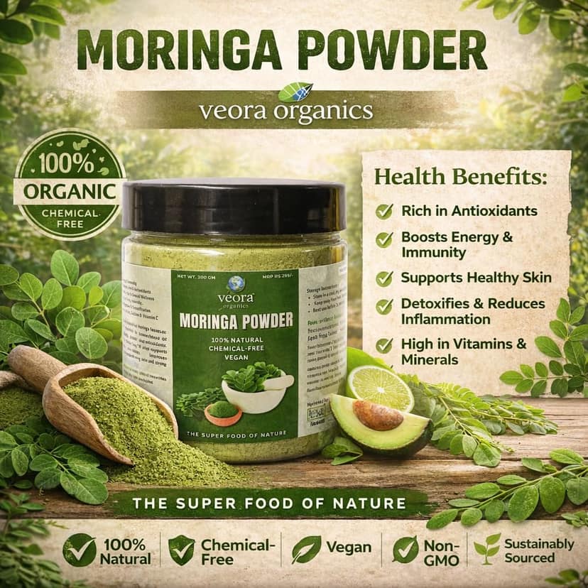 Veora Organics Moringa Powder | 100% Natural Shade-Dried Moringa Leaf Powder | Chemical-Free Vegan Superfood | Rich in Nutrients & Antioxidants | Herbal Supplement for Health & Immunity | 200g view 2