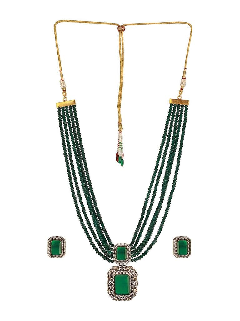 Silver Toned Kundan Studded Emerald Onyx Multilayered Designer Maala Pendant Jewellery Set view 7