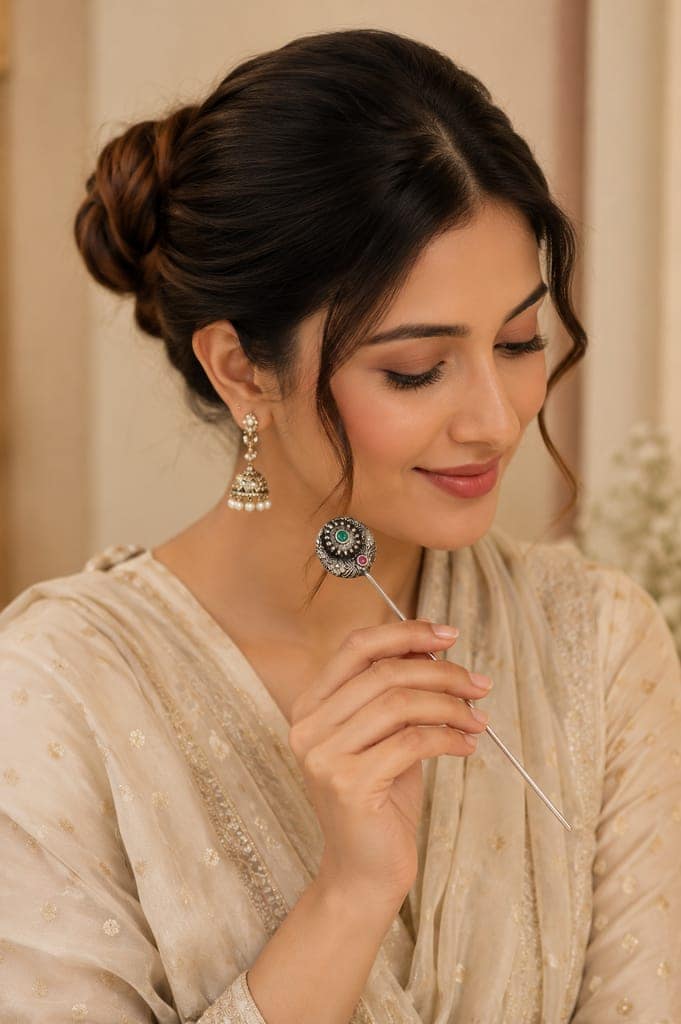 Handcrafted Oxidised Silver Juda Stick for Women | Floral Hair Bun Pin view 3