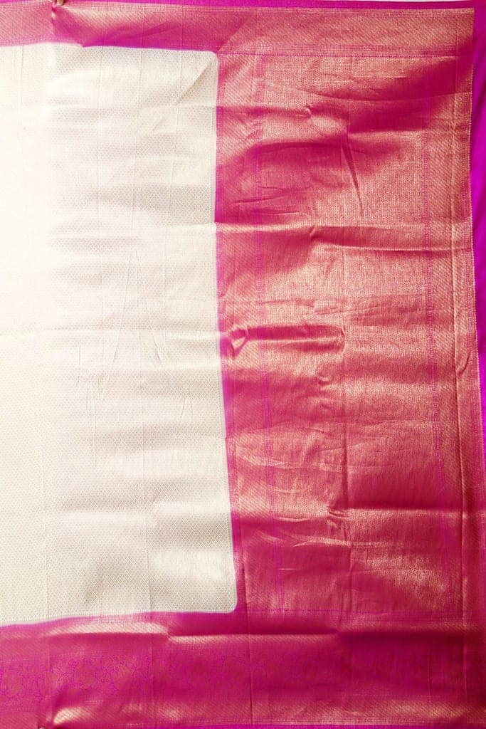Off white Kanjiwaram Silk Brocade Saree with Pink border view 4