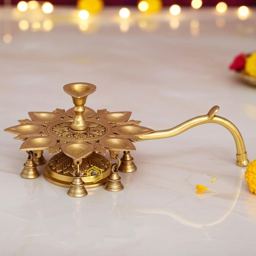Brass Table Decor 9 Wicks Deepak, Oil Lamp - Multiwick Brass Deepak for Aarti Use, Height : 6 Inch (BSMAS1503 I)