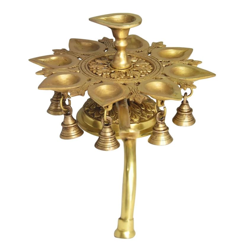 Brass Table Decor 9 Wicks Deepak, Oil Lamp - Multiwick Brass Deepak for Aarti Use, Height : 6 Inch (BSMAS1503 I) view 2