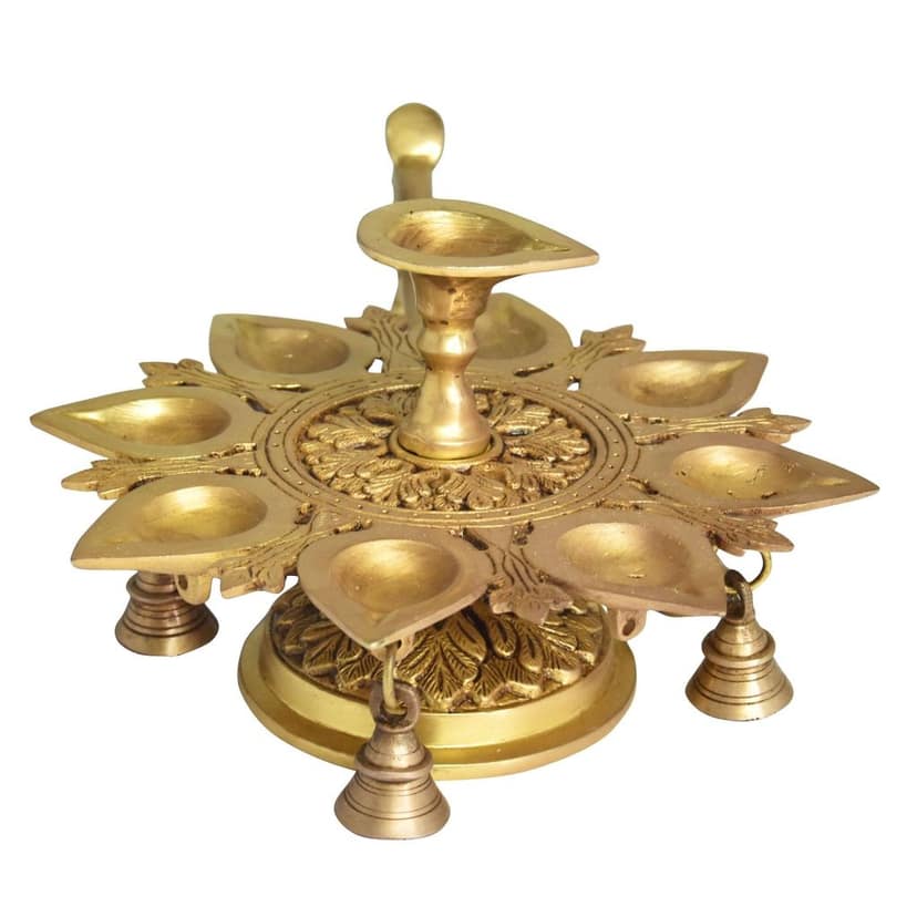 Brass Table Decor 9 Wicks Deepak, Oil Lamp - Multiwick Brass Deepak for Aarti Use, Height : 6 Inch (BSMAS1503 I) view 3