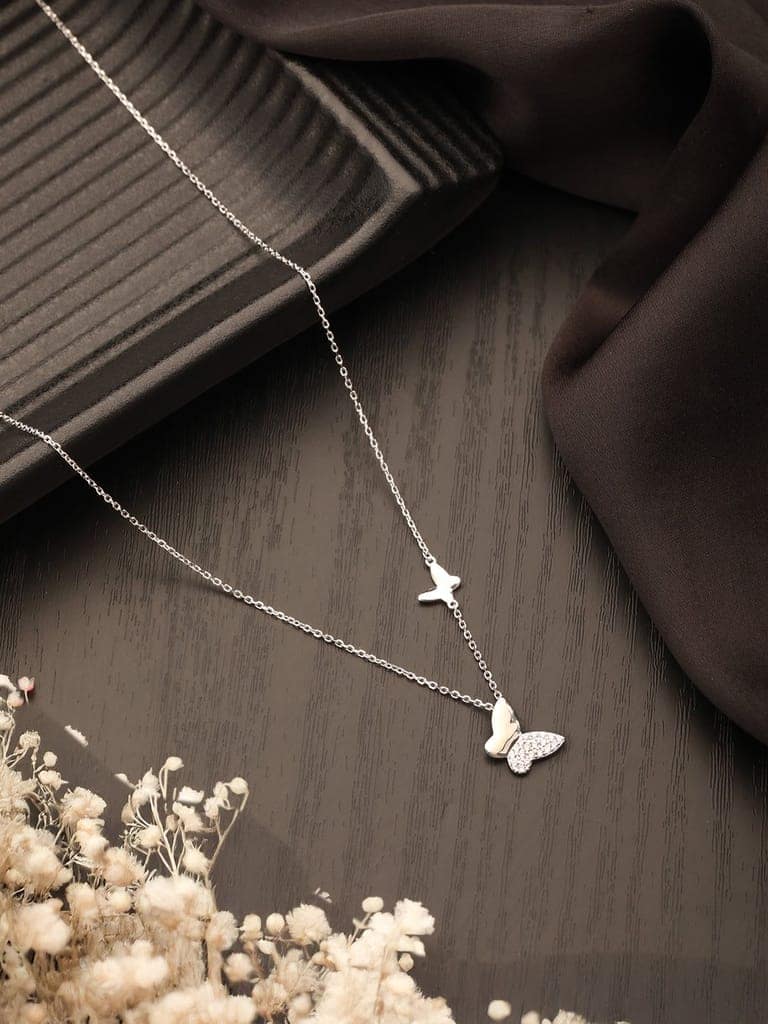 925 Sterling Silver Zircon Studded Butterfly Charm Pendant Necklace & Chain