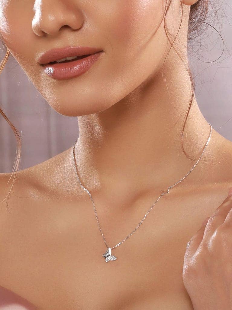 925 Sterling Silver Zircon Studded Butterfly Charm Pendant Necklace & Chain view 2