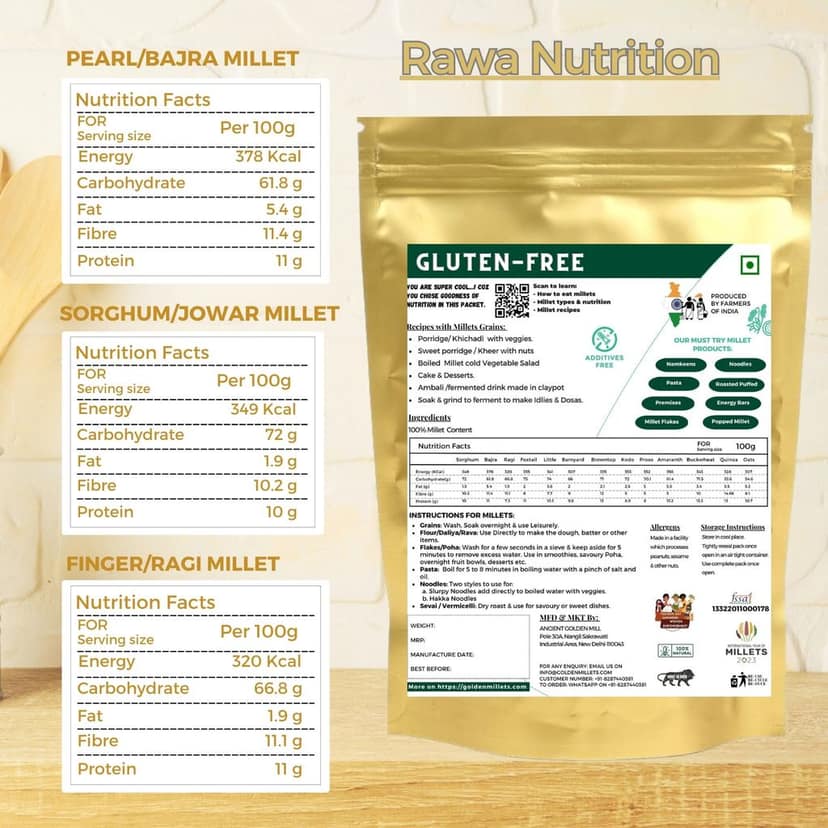 Golden Millets Diabetic Friendly Millet Sooji Combo | 100% Gluten Free & Good For Idly Rawa | No Preservative | Jowar Sooji | Bajra Rawa | Ragi Rawa | High Calcium & High Fibre | No Wheat Rawa (500g x 3) view 2
