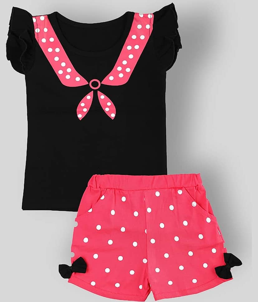 CATCUB Pack of 1 Girls 100% Cotton Top With Shorts ( Black )