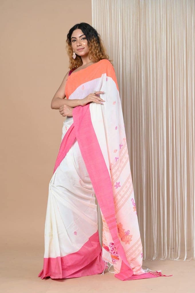Premium Cotton - Handloom Pure Cotton Saree ~ Orange view 2