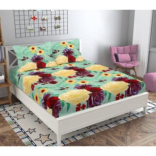 Black Bee Red Blue Floral 3D Print Double Bedsheet With 2 Pillow Covers (208 X 213 Cm)(Bs20-03)