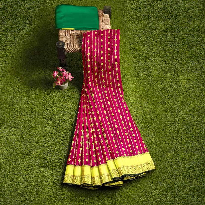Red Color Stripe Pattern Saree with Unstitched Blouse view 4