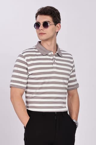Puff Cotton Grey & White Striped Polo