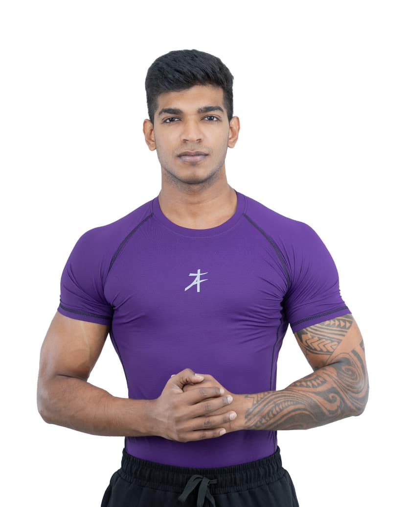 Athflex Men’s Muscle Fit Half Sleeve Textured Compression T-Shirt – Quick Dry, Textured Fabric,Superhero Look ,Stretchable Sportswear for Workout,Fitness & GYM - purple/M