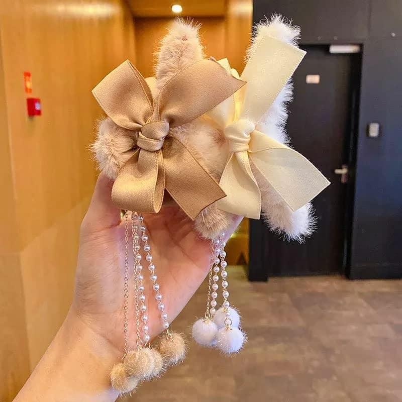 Cute Furry Hair Clip with Bow & Dangling Pearl Chains view 3