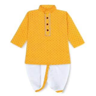 mustmom Traditional Baby Boys & Girls Full Sleeve Ethnic Dress Lungi Dhoti Kurta Set Yellow Festival Wear